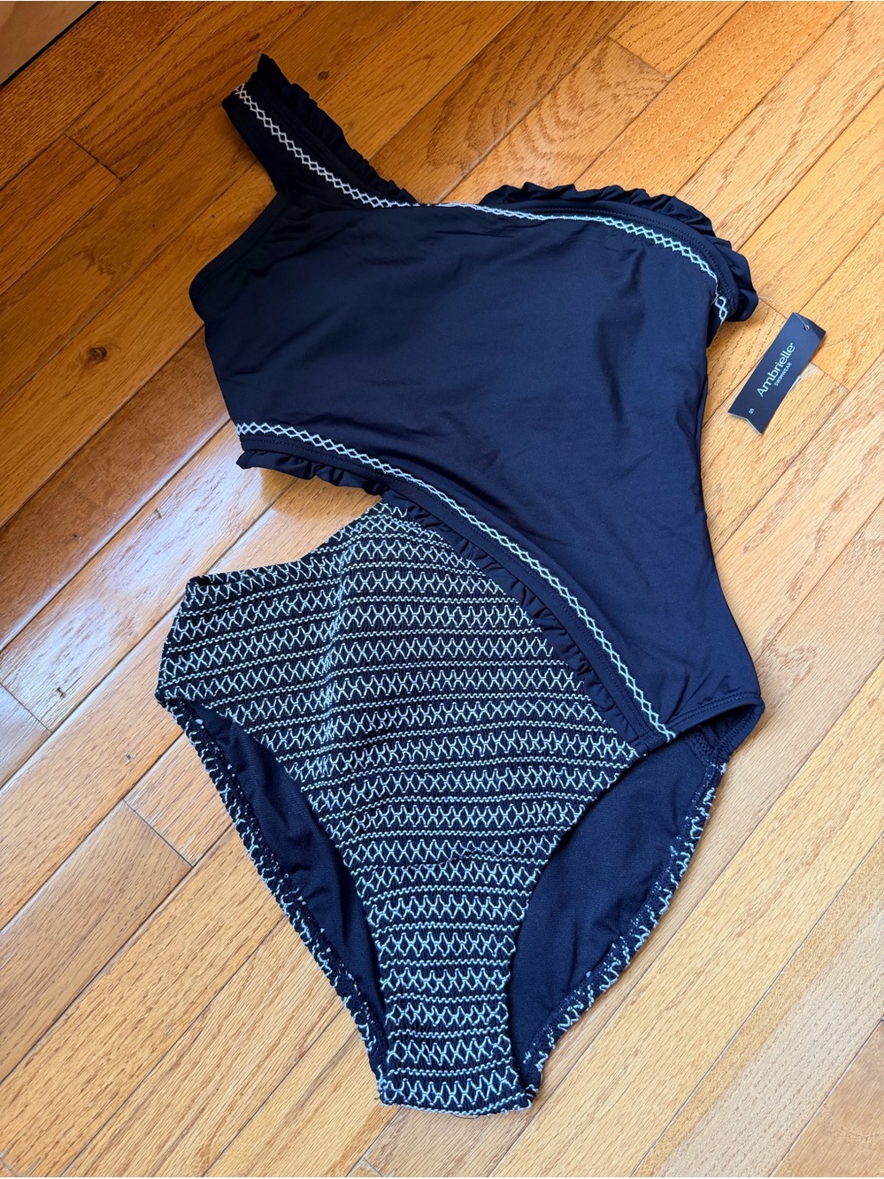 Ambrielle Swimsuit Women's S, Black Cut Out One Piece With Embroidered Detail